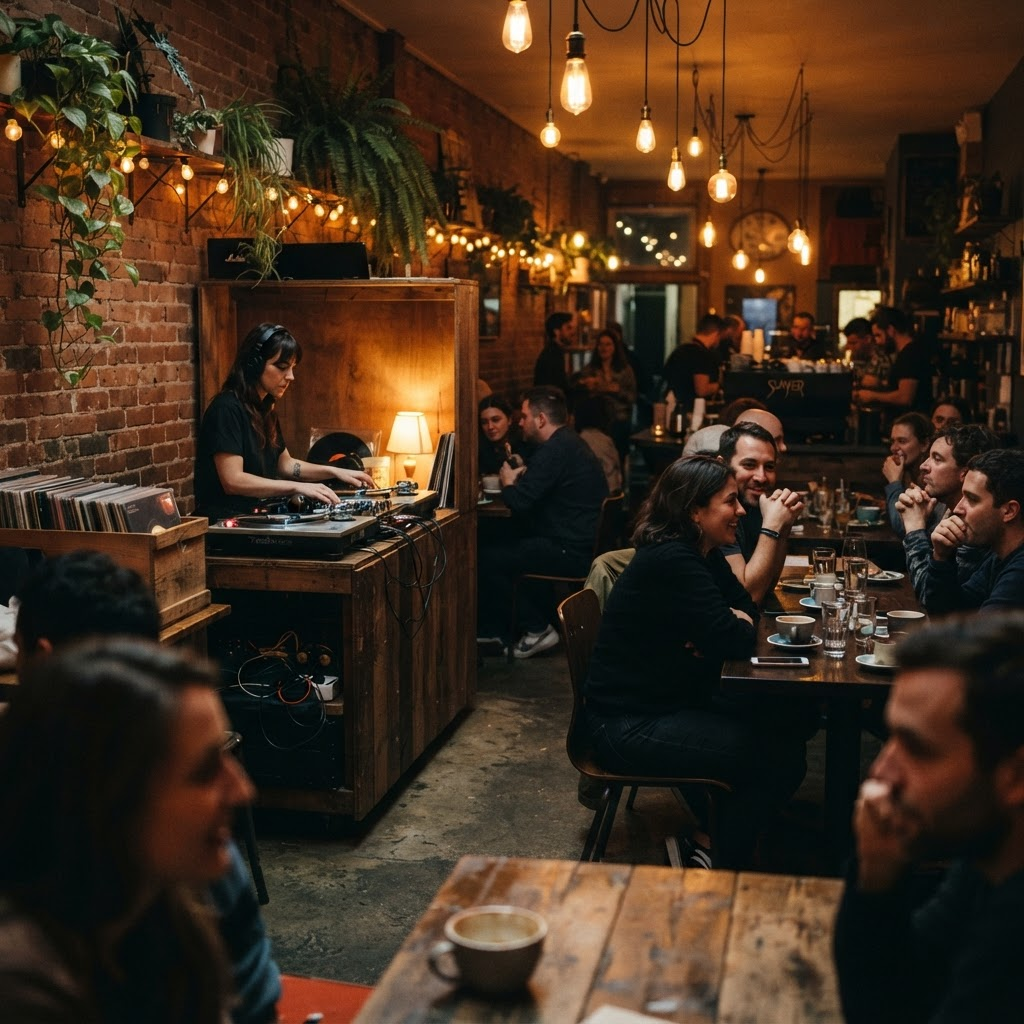Uplift Coffee cafe interior with a DJ spinning records in warm amber light
